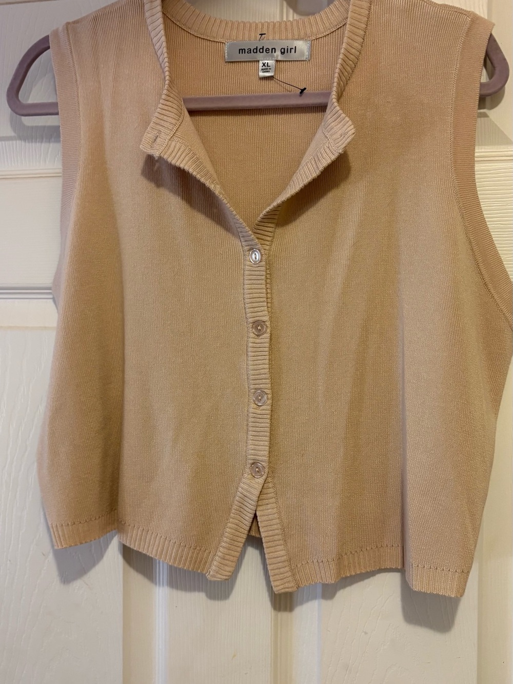 Madden Girl Beige Sleeveless Button-Front Knit Vest
